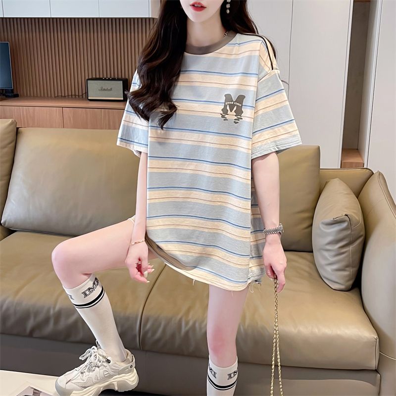 實拍2025夏季純棉條紋提花百搭寬鬆上衣時尚T恤女