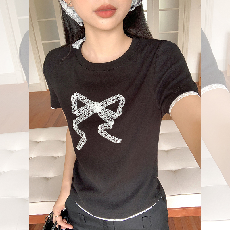 Real photo of lace spliced ​​bow short-sleeved women's 2025 summer new sweet shoulder T-shirt slim body