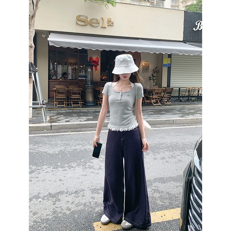 人棉260克韓系甜妹蕾絲拼接掛脖短袖T恤2025夏設計感修身百搭上衣