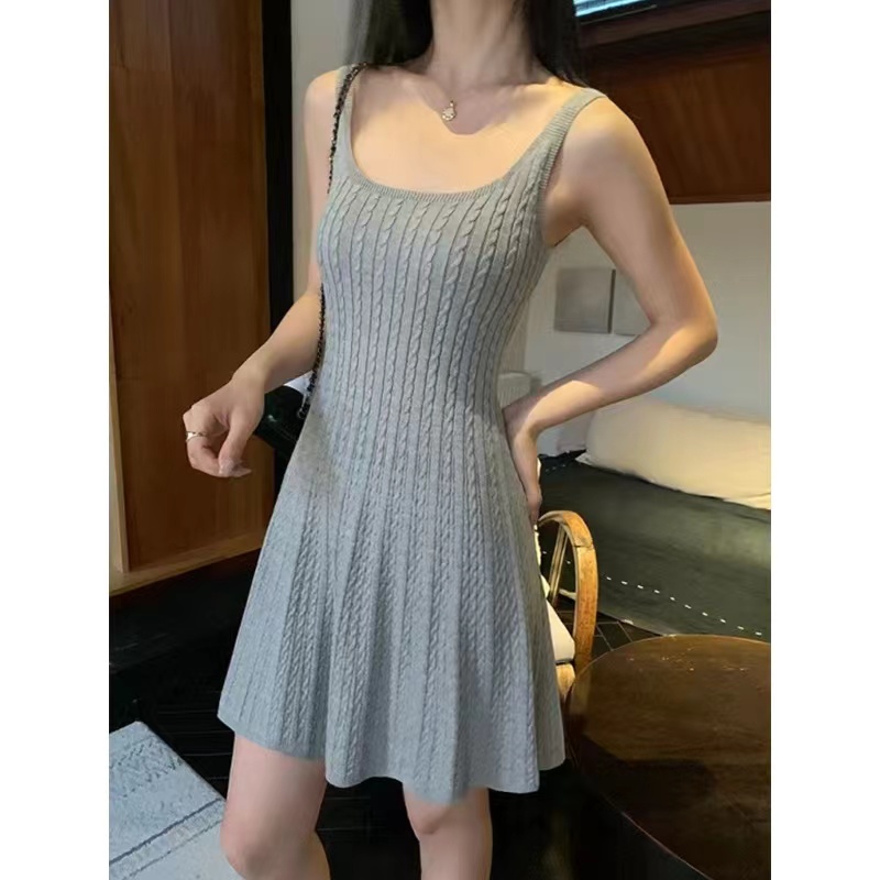 MULVAN U-neck slim suspender dress for women's twisted knitted short skirt summer new A-line waist-hugging skirt