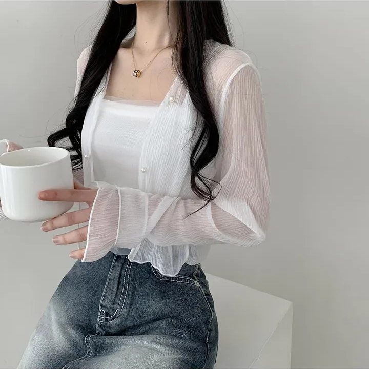 Korean chic sweet super fairy sun protection long-sleeved chiffon cardigan + mesh splicing knitted suspender vest for women