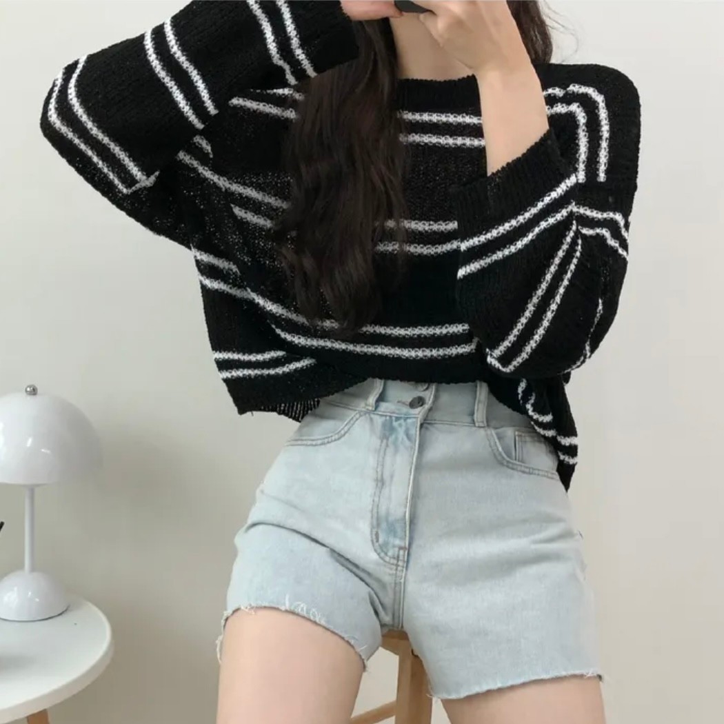 Korean chic ice silk long sleeve thin sweater lazy style loose round neck striped sunscreen blouse