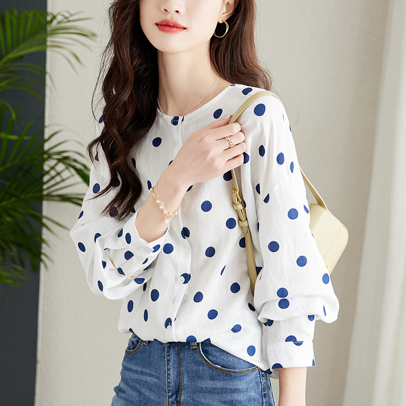 Spot 2025 spring polka dot printed round neck chiffon shirt female elegant chic top loose slim lantern sleeve shirt