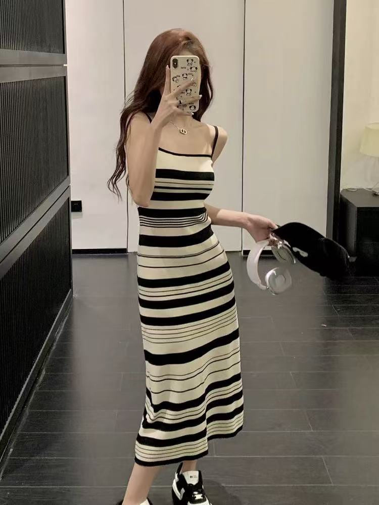 韓系針織條紋吊帶連衣裙女2025夏季新款顯瘦修身外穿打底背心裙子