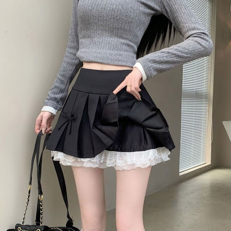 Korean chic design pleated skirt summer new style gray lace splicing niche hot girl a-line short skirt