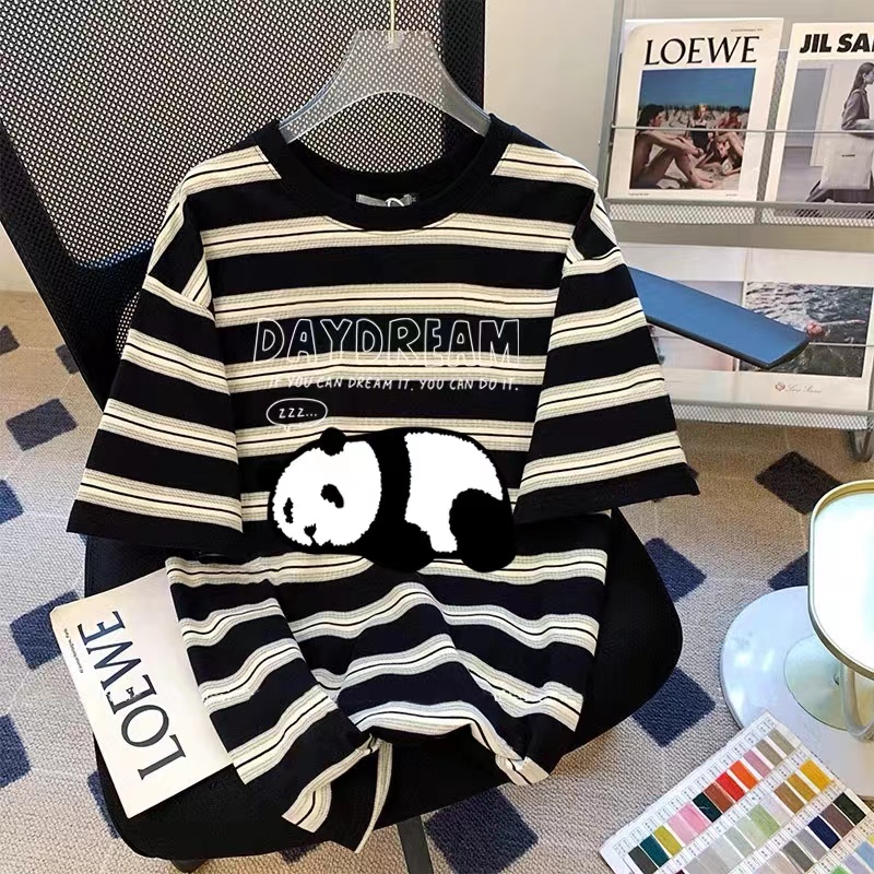 Black striped short-sleeved T-shirt for women 2025 new summer panda American retro design niche loose top