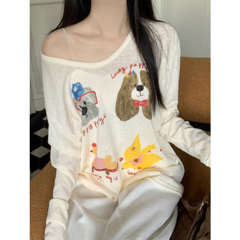 Original fabric 2025 summer new cartoon print loose long-sleeved sunscreen blouse lazy base top trendy