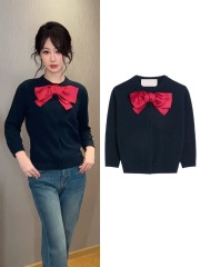 楊紫同款藏青色蝴蝶結針織衫女設計感圓領學院風別致百搭獨特上衣