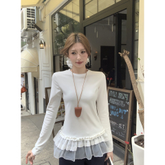 Real shot of spring Korean style ballet style splicing skirt mid-length slim long sleeve T-shirt top for women