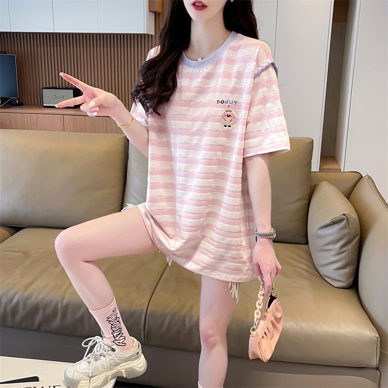 實拍2025夏季新款百搭條紋寬鬆上衣時尚T恤女