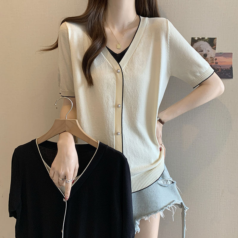 V-neck fake two-piece ice silk sweater top large size women's summer 2025 new loose short-sleeved T-shirt thin