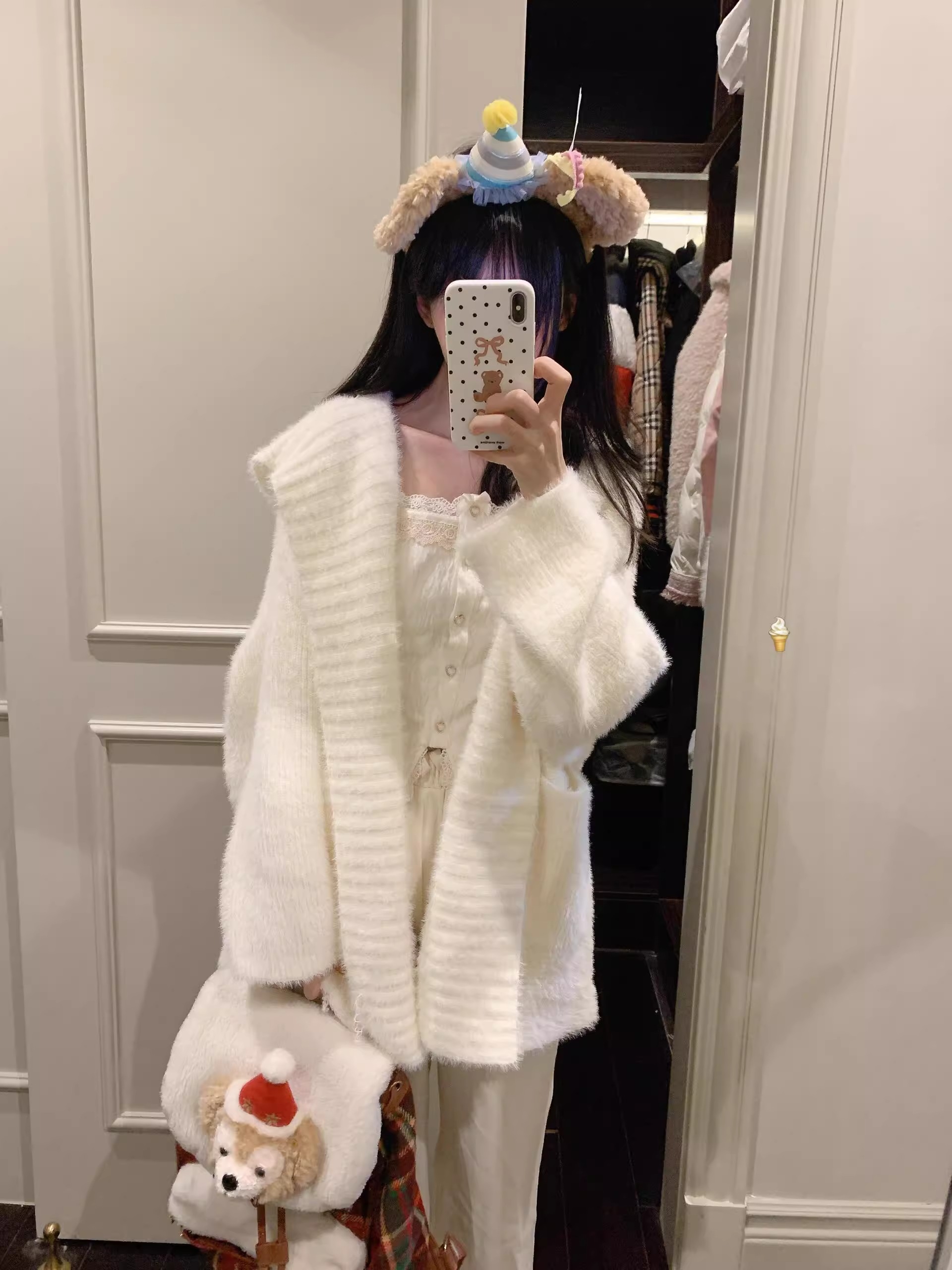 French gentle white hooded lapel sweater jacket for women in autumn and winter lazy style small knitted sweater top cardigan