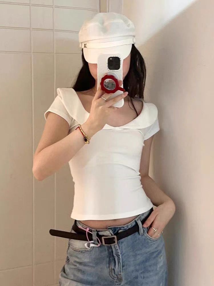 Korean chic pure cotton design and feel V-neck white short-sleeved T-shirt for women with slim fit and slim summer new hot girl top