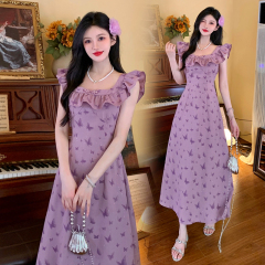 Photographed~ French-style small bell sleeve summer dress purple waist-cinching floral long dress for plus-size women who want to look slimmer and hide their body