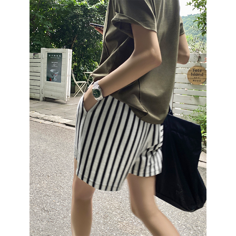 -官圖 雙紗棉 夏2025新款條紋寬鬆休閒顯瘦闊腿短褲女