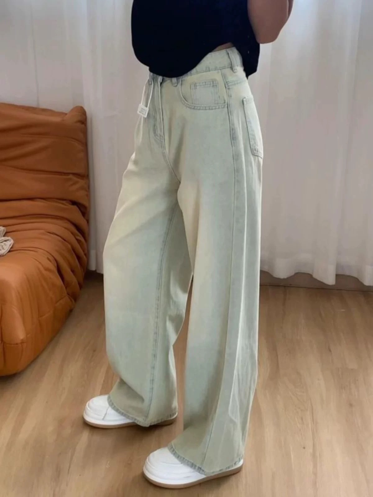美式水洗做舊淺色闊腿牛仔褲女小個子垂感高腰直筒寬鬆顯瘦拖地褲