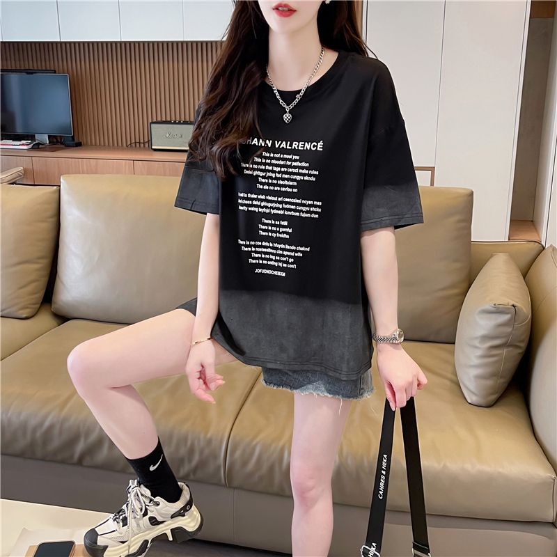 實拍2025夏季新款上衣小設計漸變印花圓領短袖T恤女