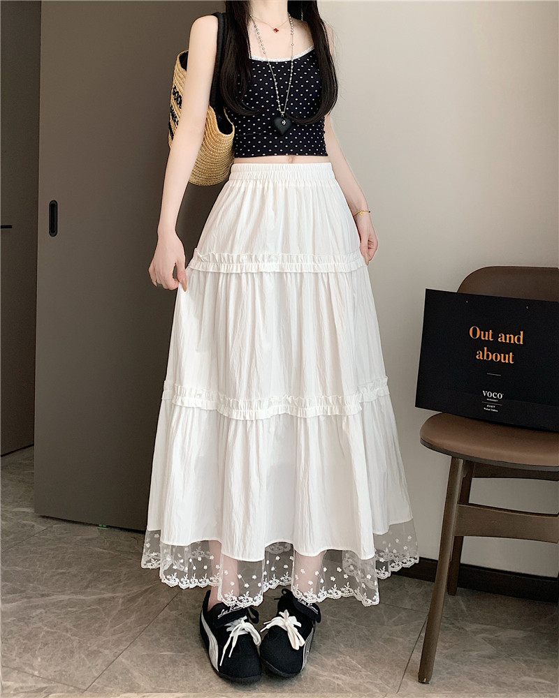 Real shot of women's white cake skirt high waist A-line lace spliced ​​long skirt