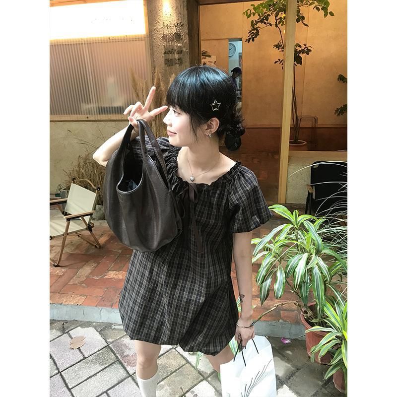 小眾甜美泡泡袖花苞連衣裙女夏季新款格子木耳邊短裙小個子娃娃裙