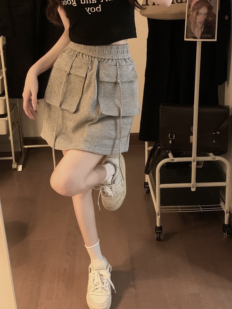 -官圖 夏季新款寬鬆休閒顯瘦A字百搭抽繩短裙工裝裙女