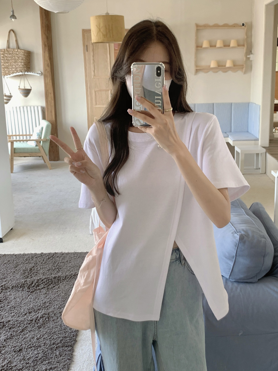 Pure cotton short-sleeved T-shirt for women in summer, loose and slim and versatile irregular slit half-sleeved top