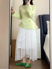 Gentle and sweet girl style long-sleeved round neck hollow sweater women's spring loose slim versatile top