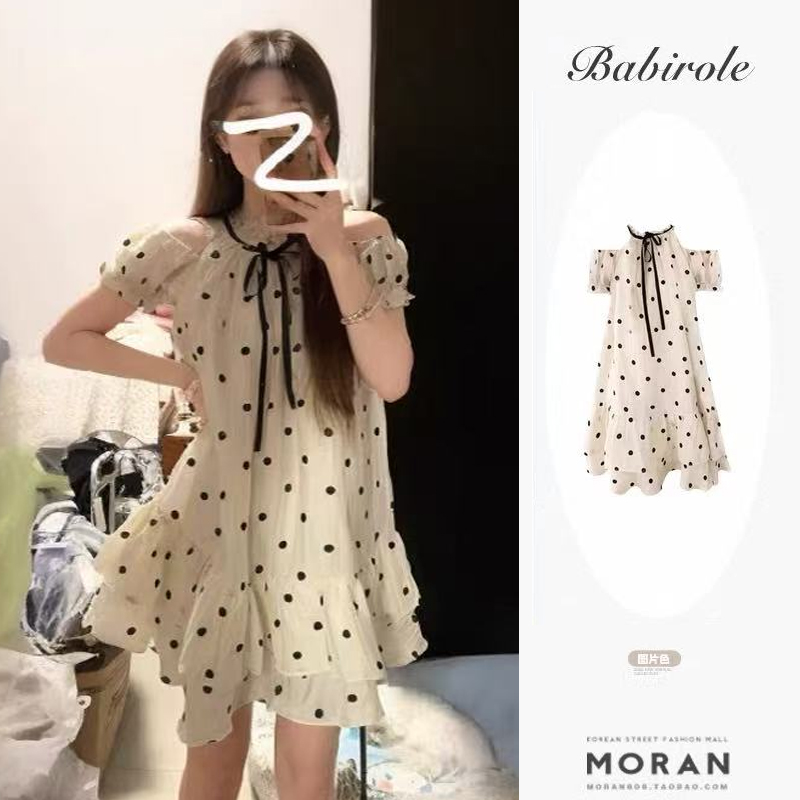 Korean retro French temperament puff sleeve polka dot dress for women in summer new style bow off shoulder short-sleeved skirt