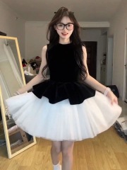 韓系氣質絕美無袖網紗蓬蓬連衣裙女2025夏季收腰芭蕾超仙公主短裙