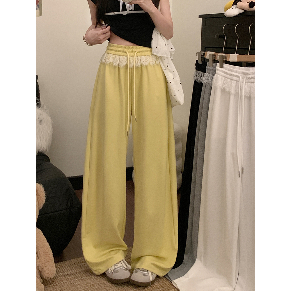 Real shot!  2025 new lace lace wide-leg pants drawstring tie elastic waist casual loose personality trousers for women