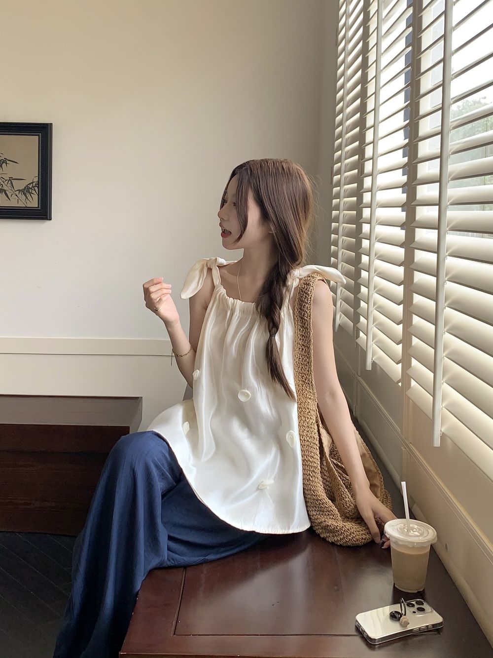 Real shot, loose and age-reducing versatile sleeveless vest shirt + lazy high-waist wide-leg pants