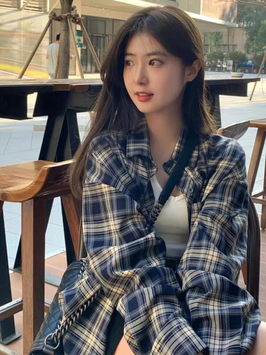 Original plaid plaid shirt women lazy style retro loose shirt cardigan jacket top