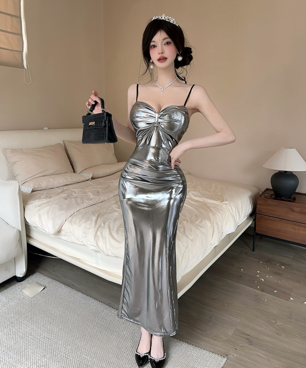Real photo of pure and sexy hot girl design shiny sling strapless lace-up dress female long skirt
