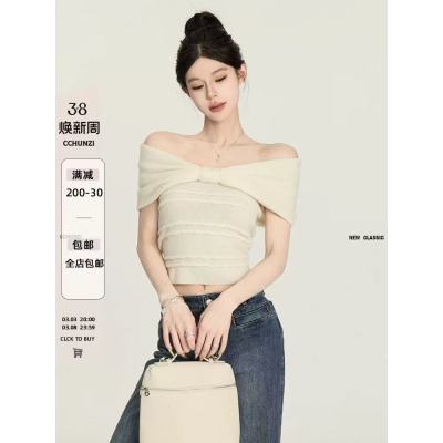 cchun純子 奶油色針織毛衣女25早春甜美氣質露肩蝴蝶結套頭上衣女