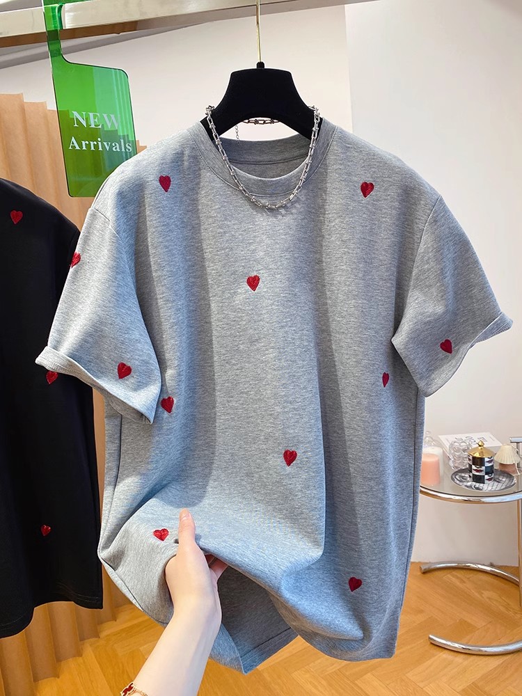 官圖~21支純棉210g+後包領高級感小眾愛心刺繡短袖t恤女