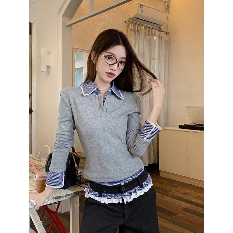 Korean chic pure cotton polo collar sweater fake two-piece long-sleeved color-blocking slim Korean style long-sleeved top for women