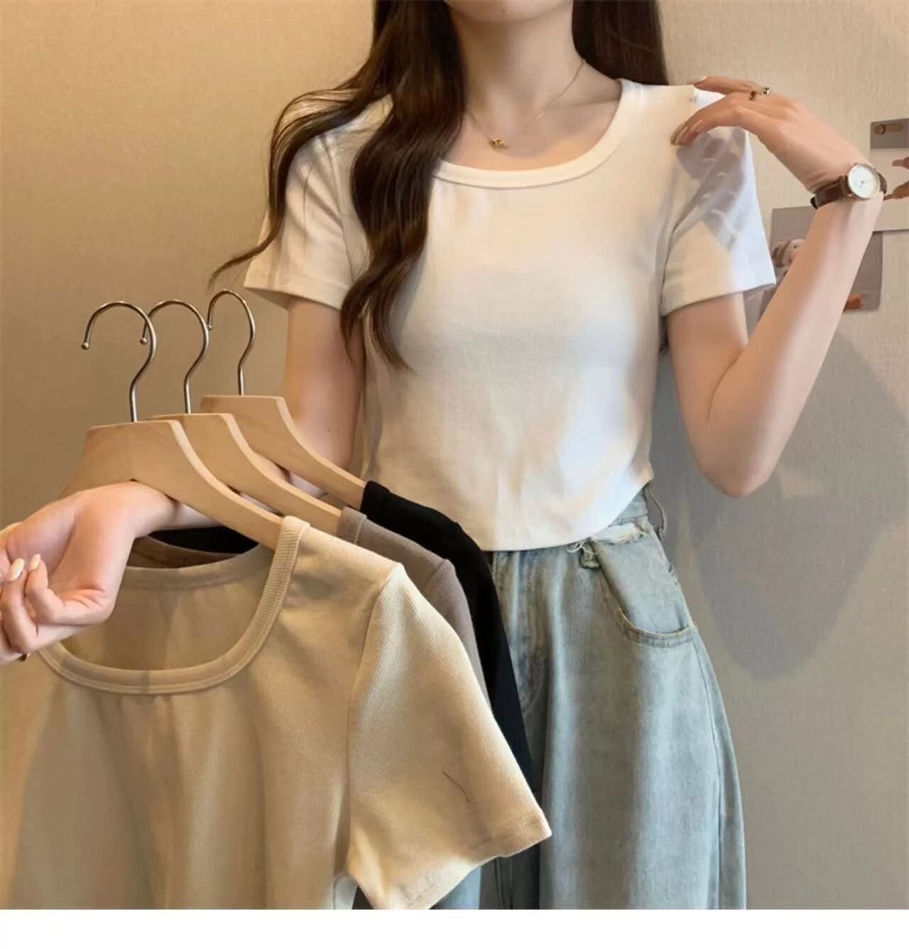 螺紋修身弧形下擺短款上衣夏季韓版短袖t恤女