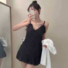 Korean chic solid color double-sided suspender dress sweet lace splicing design super fairy