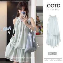 Mint Mambo style halter neck vest top skirt suit for women summer 2025 new small person sweet two-piece set