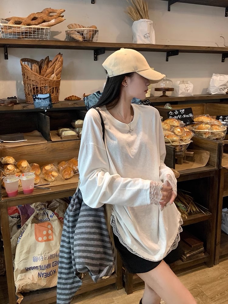 雪花麻+135克防曬薄款 蕾絲拼接長袖上衣女寬鬆顯瘦打底衫女