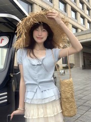 淺藍色假兩件蕾絲拼接短袖T恤女2025夏季新款純欲花邊蝴蝶結上衣