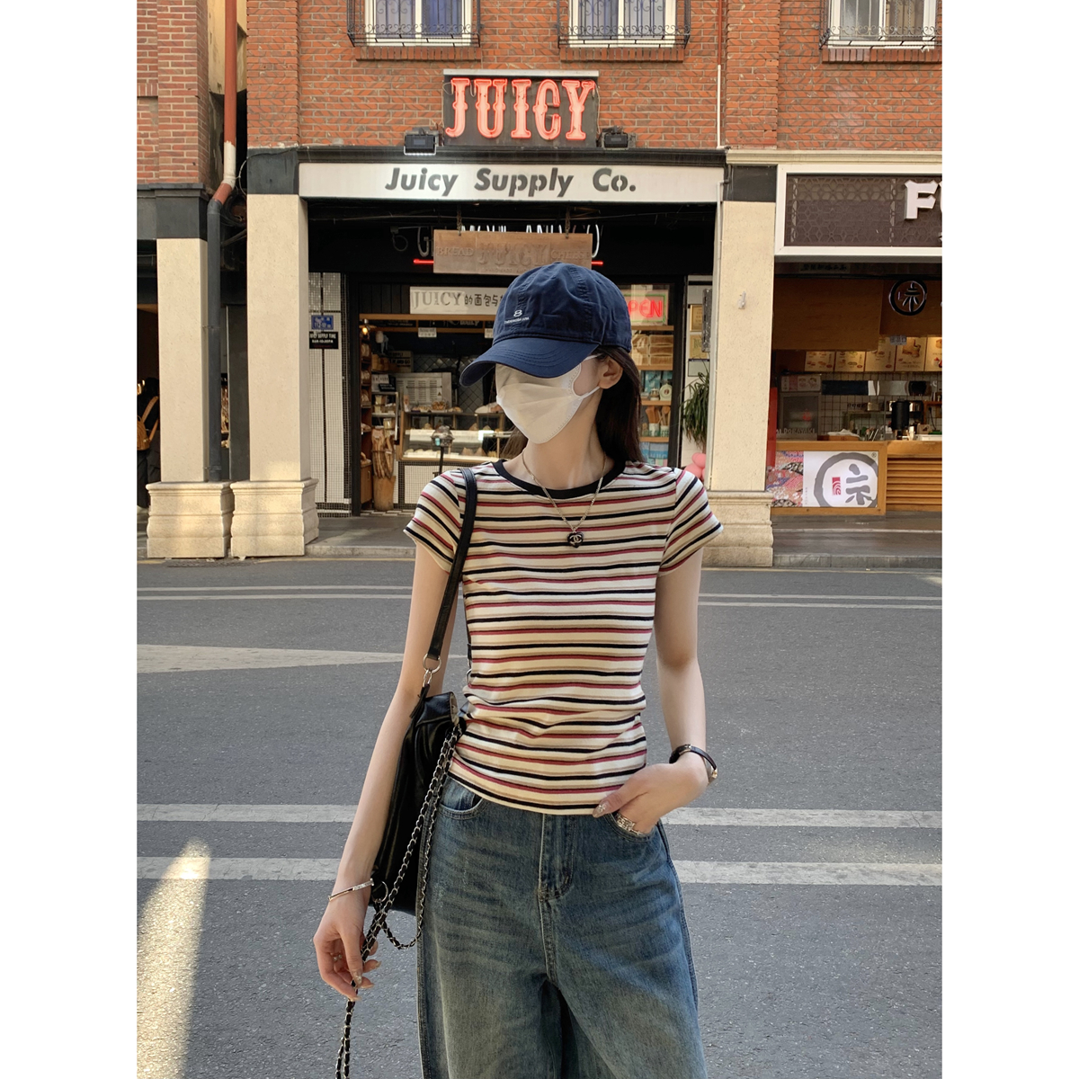 Real shot of summer Korean version round neck retro contrasting stripes versatile pure cotton short-sleeved T-shirt top for women