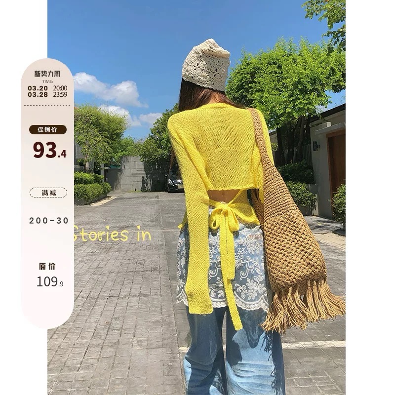 李婉君 黃色法式鏤空長袖針織開衫女2025春季薄款設計感綁帶上衣