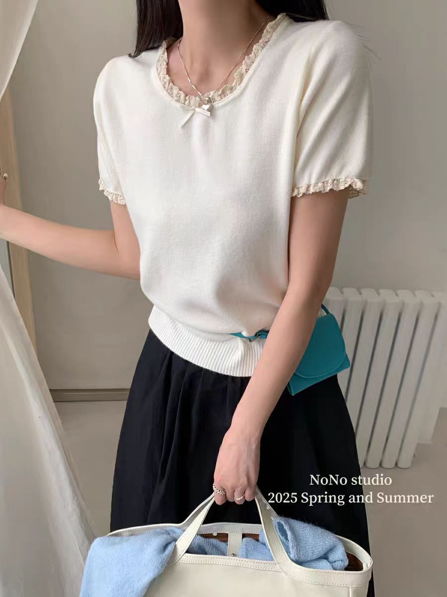 Blue bow lace short-sleeved sweater for women in summer T-shirt with black ears and fashionable age-reducing top