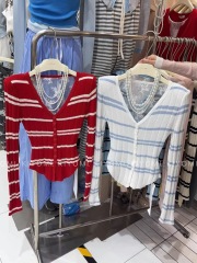 KIYOMI實拍春夏純欲甜美辣妹撞色條紋針織開衫蕾絲露背顯瘦收腰