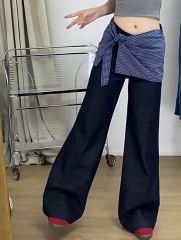 Layered two-piece straight jeans for women in spring and summer 2025 square scarf checkered straps floor pants trendy