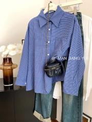 原版梭織格   藍色格子長袖襯衫外套上衣女早春寬鬆休閒襯衣
