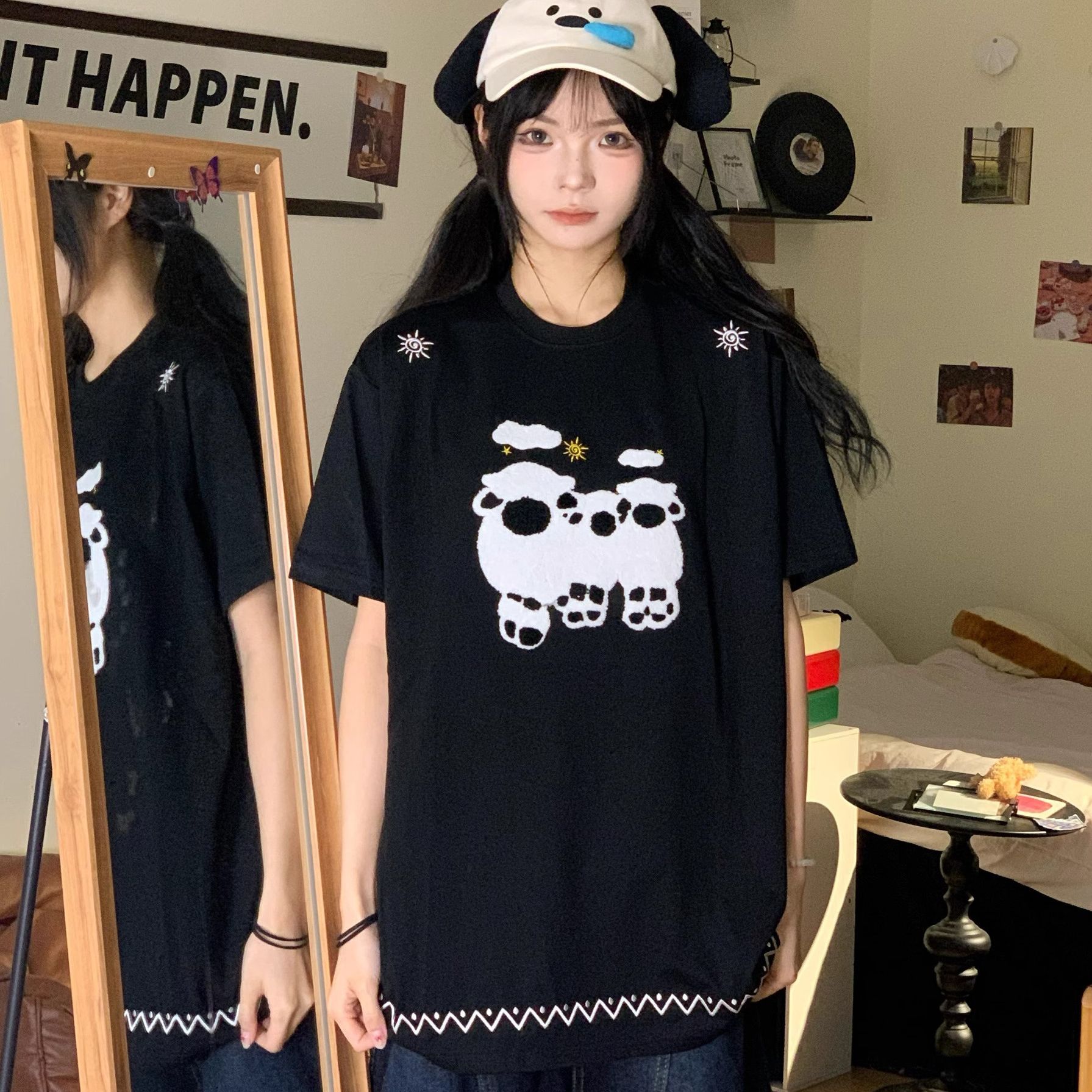 Korean chic pure cotton cartoon embroidery cartoon cute short-sleeved T-shirt women Korean loose top trendy summer new style