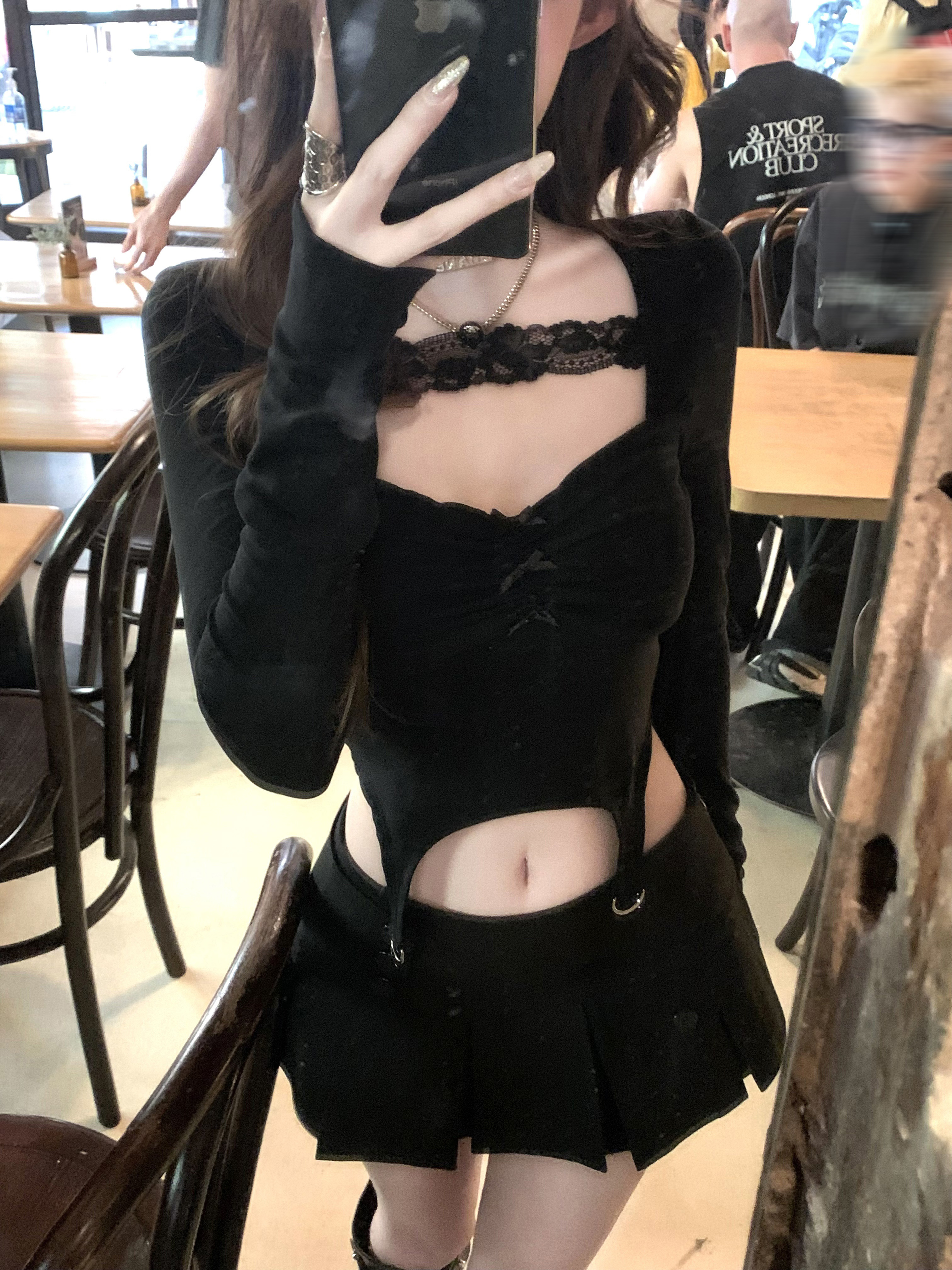Korean cotton black slim hot girl sexy pleated short top summer small person long-sleeved T-shirt