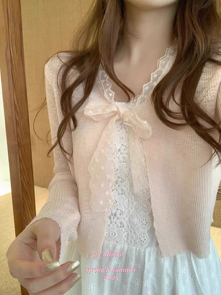 Lace v-neck bamboo joint hemp knitted sun protection cardigan for women 25 summer new thin small vest outer blouse top
