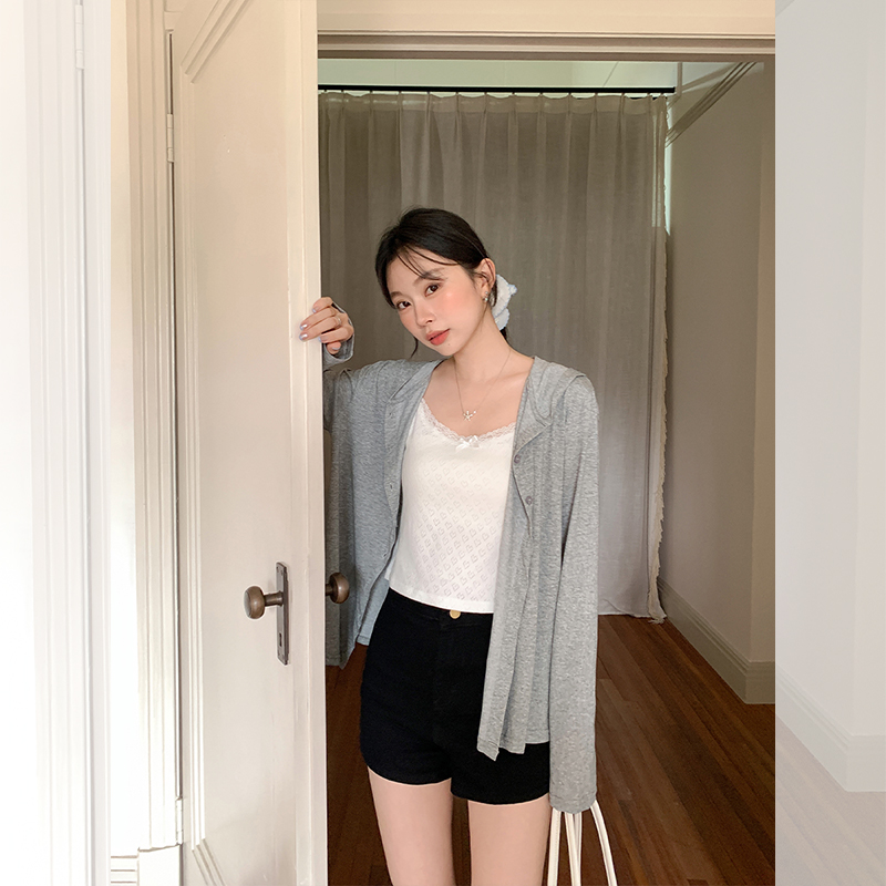 Real-life thin hooded sun protection cardigan for women in summer loose elastic light lazy style buckle knitted long sleeves